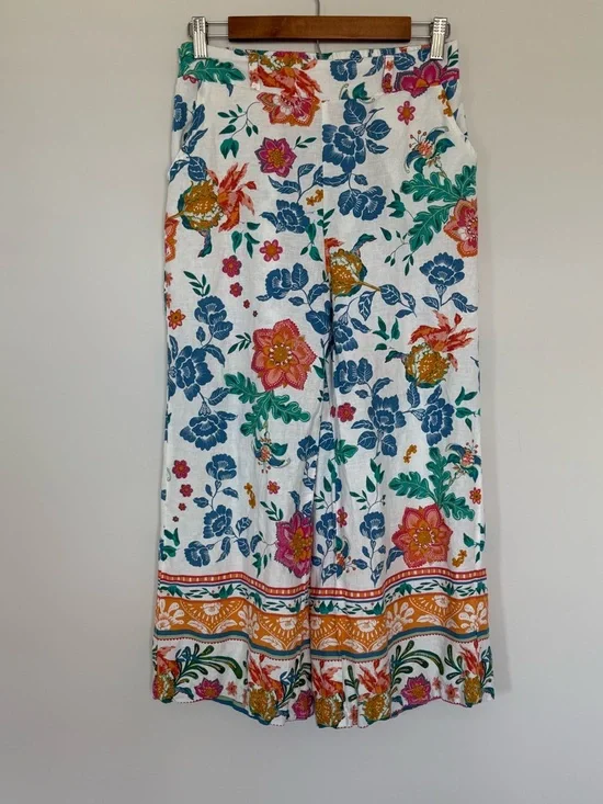 Rachel Zoe Linen Blend White Colorful Floral Print Wide Leg Pants Size Small - Picture 1 of 12